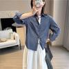 Camisa Azul Marino de Cuadros Finos de Temperamento Intelectual para Primavera y Verano 2025 para Mujer, Casual Mori de Algodón Lavado de Manga Larga