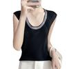 Camisola de Punto para Mujer Delgada Traje de Verano 2025 con Pedrería Base Cuello U Suelta Adelgazante Sin Mangas Top
