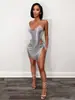 Conjunto de Dos Piezas con Correa de Cadena de Pedrería AYJ Top con Escote en V Profundo y Cintura Entallada Falda Corta Bodycon con Abertura Lateral Estilo Europeo y Americano para Mujer