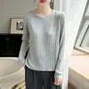 Suéter de punto acanalado de cuello redondo para mujer, comercio exterior transfronterizo, temporada de primavera y otoño, top de manga larga a rayas verticales, corte ajustado