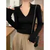 Suéter de punto de alta gama con cuello polo acanalado para mujer, adecuado para primavera, otoño e invierno, top de manga larga estilo francés con cuello en V