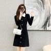Hepburn Estilo Malha Saia Preta Mulheres Outono Novo Estilo Chanel Estilo Cintura Alta A- Linha Base Vestido Suéter de mangas compridas