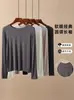 Camiseta Interior de Lana Tencel para Mujer en Otoño e Invierno de Manga Larga con Cuello Redondo Alta Elasticidad Ajustada Delgada Casual Prenda Exterior Camiseta