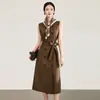 2613501-Vestido gabardina sin mangas de seda de alta calidad Nanyou, doble botonadura, entallado en la cintura, adelgazante, nuevo estilo de principios de otoño