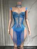 Mono Sexy Ajustado de Nuevo Estilo Elegante para Fiestas de Socialité con Borlas de Pedrería Hueco Entallado al Cuerpo Atuendo para Actuación en Escenario