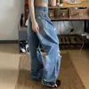 Jeans Rasgado Estilo Americano para Mulheres, Novas Calças Retrô Destroyed Soltas Lavadas de Perna Larga Reta, Calças Compridas