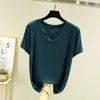 Nova camiseta fina de algodão de verão para mulheres, gola V, manga curta, cor sólida, corte solto, versátil, plus size, top de meia-manga