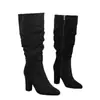 83-5 Botas Longas Pretas Plus Size Camurça Emagrecimento Franzidas Versão Extra Larga Zíper Lateral Botas de Salto Alto Em Estoque