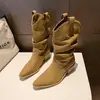 Botas Western de Tacón Grueso para Mujer 2026 Otoño Nuevas Versátiles Chica Picante Botas de Tacón Apilado Negras Moda Chelsea Botines de Mezclilla