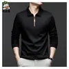 Popular Camisa Polo Cepillada de Media Cremallera Manga Larga para Hombre Cuello Solapa Primavera y Otoño Seda de Morera Tops para Hombres de Mediana Edad Camiseta