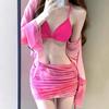 Nuevo Bikini Tie-Dye Sexy Ajustado Talla Pecho Push-up Camisa Exterior de Manga Larga Traje de Baño de Falda Dividida Set de Cuatro Piezas para Mujer