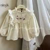 Lime Autumn Wear Desgaste Infantil Camisa de Manga Bufante para Meninas Estilo Ocidental Camisa de Boneca Xadrez Azul Top de Manga Longa