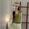 Top de Malha Verde com Decote V e Mangas Bufantes Estilo Old Money para Mulheres, Verão Manga Curta Slim Fit Fino Versátil Camiseta Top