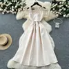Estilo Francés Entrada Lujo Socialité Cuello Cuadrado Sin Mangas Vestido Mujer Verano Lazo en la Cintura Adelgazante Elegante Estilo Hepburn Vestido Largo
