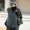 Colete de malha com gola de lã cinza para mulheres, novo estilo outono e inverno, colete de suéter sem mangas solto para usar por cima