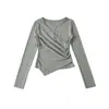 A988-25 Nuevo Estilo de Verano Estilo Coreano Sexy Bordado de Punto Cruz Plisado Delgado Botón Inferior Camiseta de Manga Larga