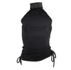 Top Halter Negro de Moda y Estilo con Diseño Único, Cintura Ceñida, Espalda Descubierta y Cordón con Remaches