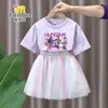Conjunto de Vestido de Manga Curta para Meninas Caçadoras de Demônios Kpop Estilo Verão Moda Vestido de Tule Princesa Saia Duas Peças para Meninas Jovens