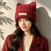 Gorro de lana grueso estilo coreano con orejas de gato para mujer con circunferencia de cabeza grande, gorro de punto cálido y afelpado para clima frío