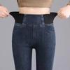 Calça jeans feminina com cintura elástica e forro de fleece para outono e inverno, cintura alta, modelagem que afina, plus size, calça pantalona que comprime a barriga