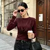 Top de punto plisado de cuello redondo transfronterizo, colección otoño 2026, capa interior elegante, camiseta básica de manga larga de color liso, moda femenina de alta gama