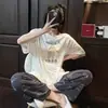 Conjunto casual de pijama de verano para mujer, adelgazante y de corte holgado, estilo coreano, de manga corta, a cuadros, pantalones largos, conjunto casual de dos piezas para estudiantes