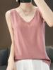 Camisola de verano de lana pura peinada fina con cuello en V para mujer, sin mangas, holgada, de punto, elegante, interior