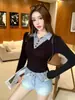 33123# 2026 Principios de Otoño Nuevo Top de Manga Larga con Parches en Solapa Falso Dos Piezas Estilo Coreano Versátil para Mujer Camiseta Mujer