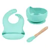 Vajilla para Bebé Tazón de Comida Babero de Silicona Cuchara de Madera Juego de Cena de Tres Piezas Set Especial Anticaídas para Bebé