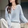 26 Suéter Básico de Lã com Gola V Sem Costura Forrado com Fleece Outono/Inverno para Mulheres, Tricô Pulôver Solto e Casual