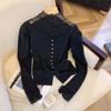 Suéter Pulóver con Cuello Alto de Malla Empalmada, Mangas Abullonadas, Botones Falsos, Abertura Lateral Amplia, Top Asimétrico para Mujer, Forro de Felpa, Otoño e Invierno 2025