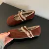 Sapatos Mary Jane com Forro de Lã Brisa Suave da Noite para Mulheres, Mocassins, Sapatos de Algodão, Vestuário Outdoor Outono e Inverno 2024, Sapatos Individuais de Camurça, Sapatos Peludos