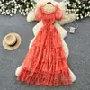 Vestido Floral Delicado Estilo Francês com Mangas Bufantes para Mulheres, Versão Coreana de Verão, Decote Quadrado, Cintura Alta, Modelo Evasê Elegante em Camadas, Emagrecedor