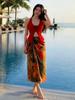 Traje de Baño Rojo de Encaje Puro Estilo Resort con Flores en la Espalda y Cuello Halter Conjunto de Tres Piezas con Falda Larga para Mujer Chica Sexy Caliente en la Playa