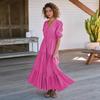 Saia popular transfronteiriça europeia e americana high-end feminina de decote V botão vestido rendado elegante de alta qualidade estilo francês