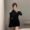 Vestido Sexy Puro Deseo de Hombros Caídos con Cuello Halter y Mangas Largas para Mujer, Estilo Coreano, Cintura A-Line Adelgazante, Vestido Corto Negro Elegante para Primavera y Otoño