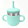 Taza de acero inoxidable con pajita de silicona para niños, taza multifuncional para beber directamente con pajita y doble asa, taza de aprendizaje de estilo creativo