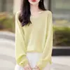 Suéter de Punto de Manga Larga con Cuello en V para Mujer, Suéter Delgado Casual en Amarillo, Corte Holgado, Efecto Adelgazante, Adecuado para Usar como Prenda Exterior o para Vestir en Capas