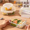 Lonchera de vidrio con tapa transparente para trabajadores de oficina, compatible con calentamiento en microondas, caja bento con compartimentos