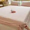 Juego de Sábana Bajera de Algodón Lavado, Protector de Colchón a Rayas y Cuadros Estilo Japonés de Tres Piezas, Cubre Cama Liso de Cobertura Total de Color Sólido