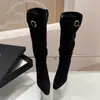 Botas de Tacón Alto de Punta Fina con Hebilla y Diseño Fruncido, Estilo Nuevo 2025, para Mujer, Botas Altas Largas