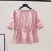 Algodón Rosa Cintura Camisa Pequeña Camisa de Muñeca de Manga Corta para Mujer Verano 2024 Estilo Coreano Sentido del Diseño Cuello Redondo Camisa Holgada Trendy