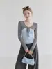 Forever Estilo Coreano Bloques de Color Lunares Encaje Atado Chal Falso Dos Piezas Camiseta de Manga Larga para Mujer Otoño Adelgazante Favorecedor Top Pequeño