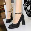 9983-K106 Zapatos de Mujer Estilo Europeo y Americano, Tacones Gruesos, Tacones Altos, Plataforma Impermeable, Boca Baja, Punta Cuadrada, Bailarinas de Lentejuelas de una Sola Tira, Zapatos de Boda