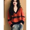 Tejido de punto suave y ceroso con bloques de color y cuello en V para mujer, Nuevos tops jacquard de otoño e invierno, Tejido de punto holgado con efecto adelgazante