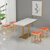 Mesa y Sillas de Comedor de Losa de Roca con Bordes Dorados, Taburetes de Madera Maciza, Juego de Mesa y Sillas para Restaurante, Cafetería o Tienda de Snacks y Bebidas para Uso Comercial