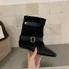 Pantalones de Cuero con Hebilla Retro para Aumentar la Altura Botas para Piernas Mujer 2026 Nuevo Otoño Punta Puntiaguda Elegantes Botines Cortos Botas de Caballero a Media Pantorrilla