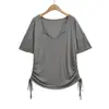 Top de Color Sólido, Camiseta de Punto de Manga Corta con Cuello en V Estilo Perezoso para Mujer, Nuevo Estilo de Verano, Cordón Delgado, Holgado, Cómodo y Adelgazante