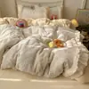 Conjunto de quatro peças em veludo de leite coração de menina grau A, capa de edredom de flanela com renda, lençol de cama, fleece de coral, roupa de cama quente para outono e inverno, 1,8 metros
