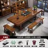 Juego de Mesa de Té Grande y Sillas de Madera Maciza, Una Mesa y Cinco Sillas, Madera Natural, Estilo Chino Nuevo, Mesa de Té para el Hogar, Estación de Preparación de Té para Oficina, Todo en Uno